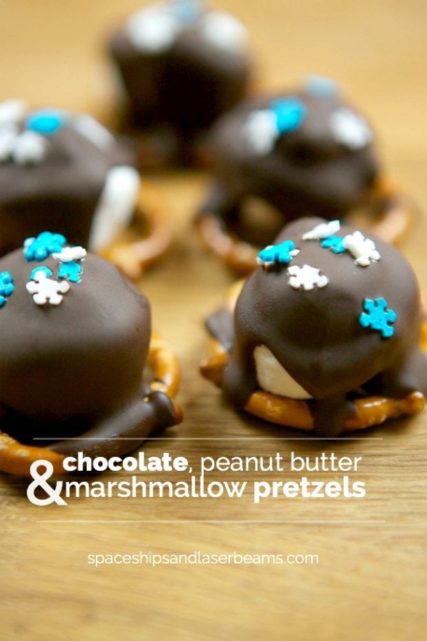 Chocolate, peanut butter and marshmallow pretzels are quick, easy and super festive.