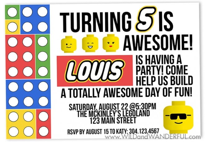 Boys Lego Themed Birthday Party Invitations