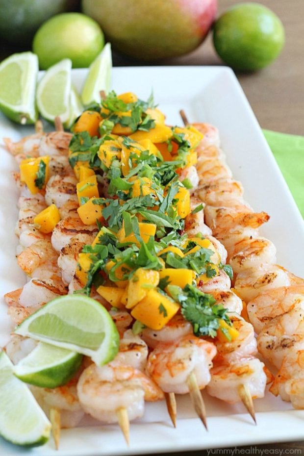 Healthy Grilled Shrimp Skewers with Mango Salsa