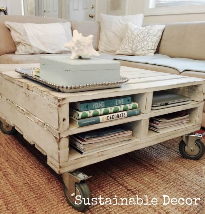 Make a pallet coffee table on wheels - storage space included!