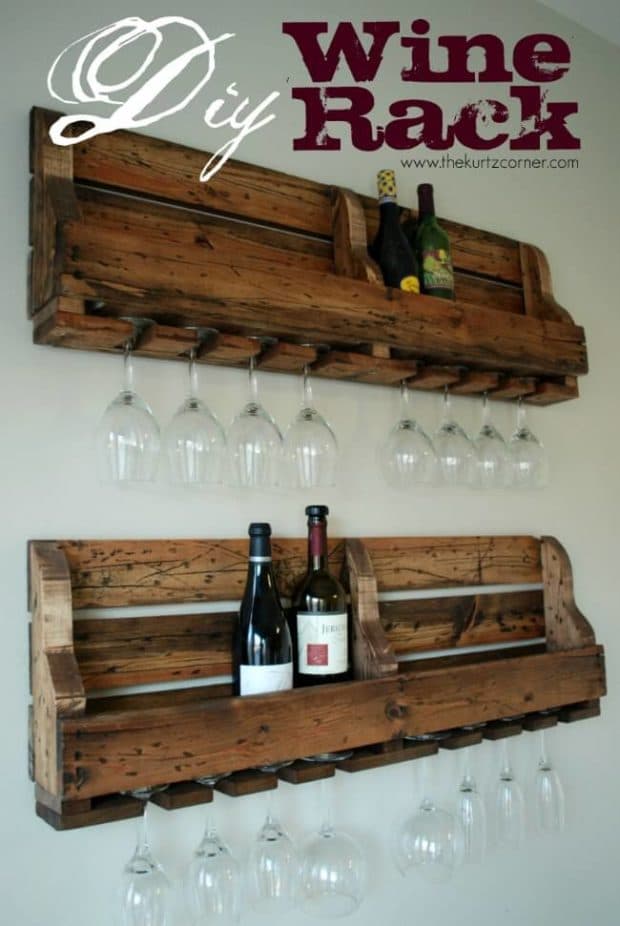 Make a wine rack and glass holder out of pallets.
