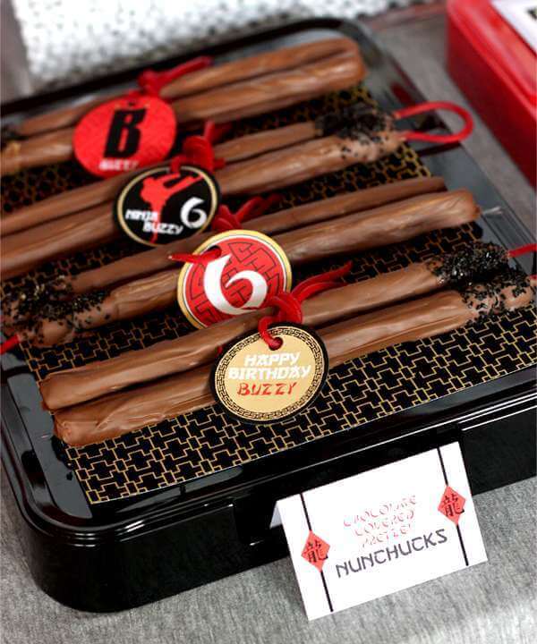 These edible chocolate pretzel nunchucks are delightfully theme appropriate.