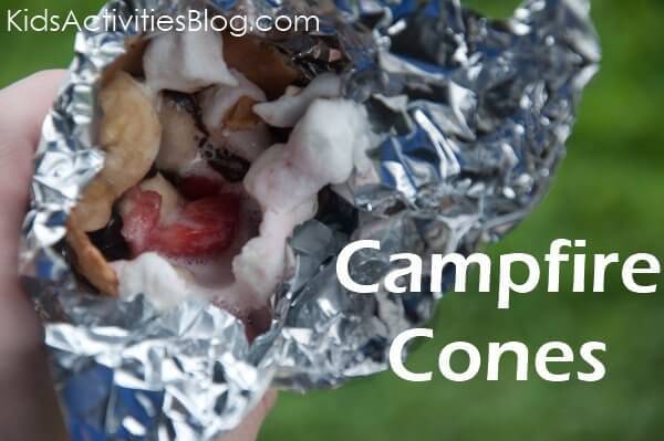 Delicious gooey fire-melted marshmallow, fruit and waffles. What could be better than these campfire cones?