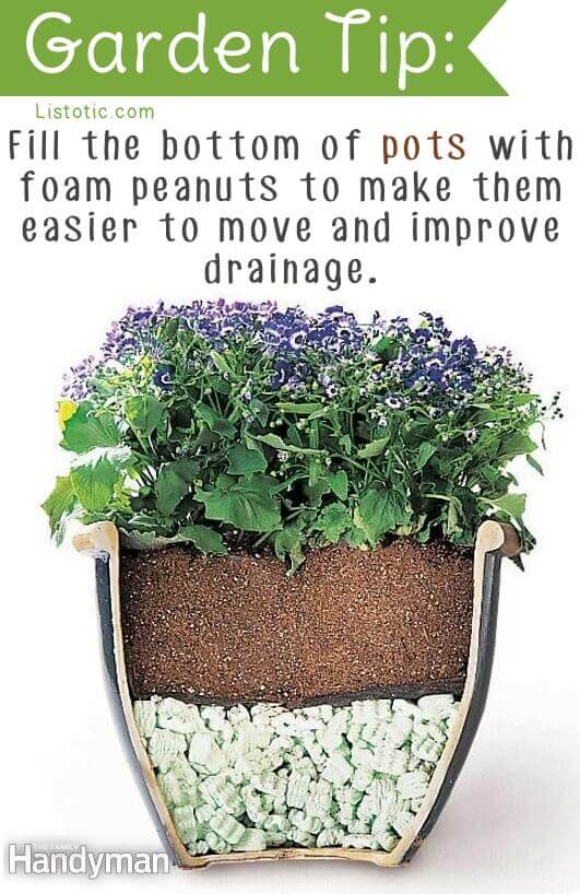 Use packing peanuts to improve drainage and keep pots light.