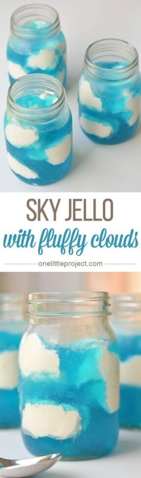 This incredible sky jello with fluffy clouds is perfect as a perfect Mario Brothers dessert.