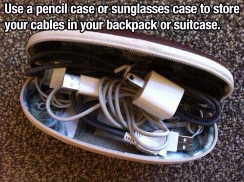 Use a glasses case to store cords, cables and chargers on the road.