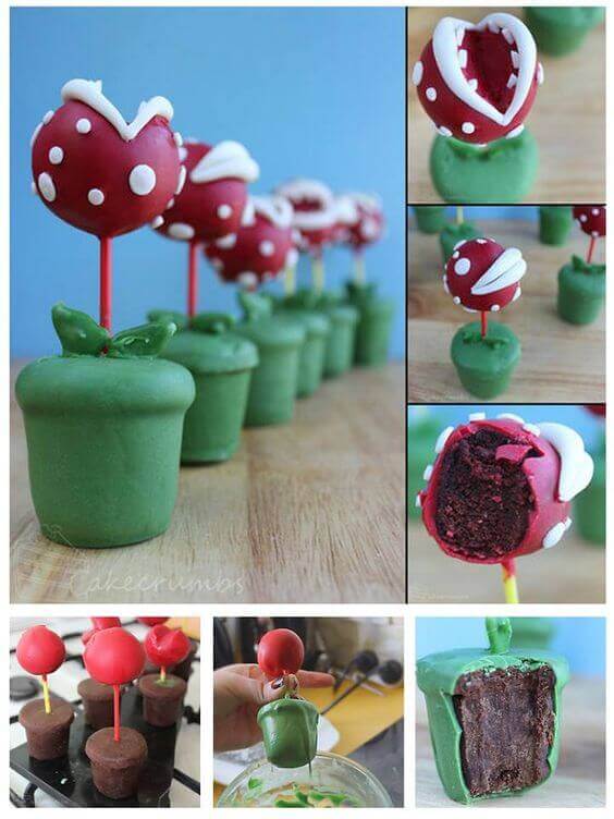 These Piranha Plant Cake Pop could not be more appropriate as treats at a Mario Brothers party.