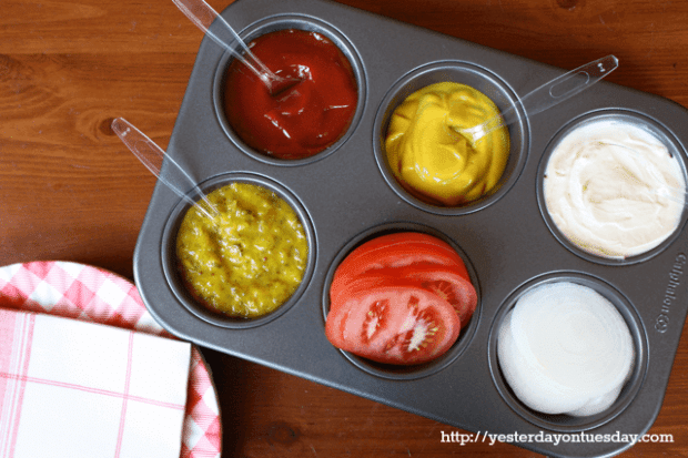 Use a Muffin Tin to organize condiments - easy to store and easy to clean.