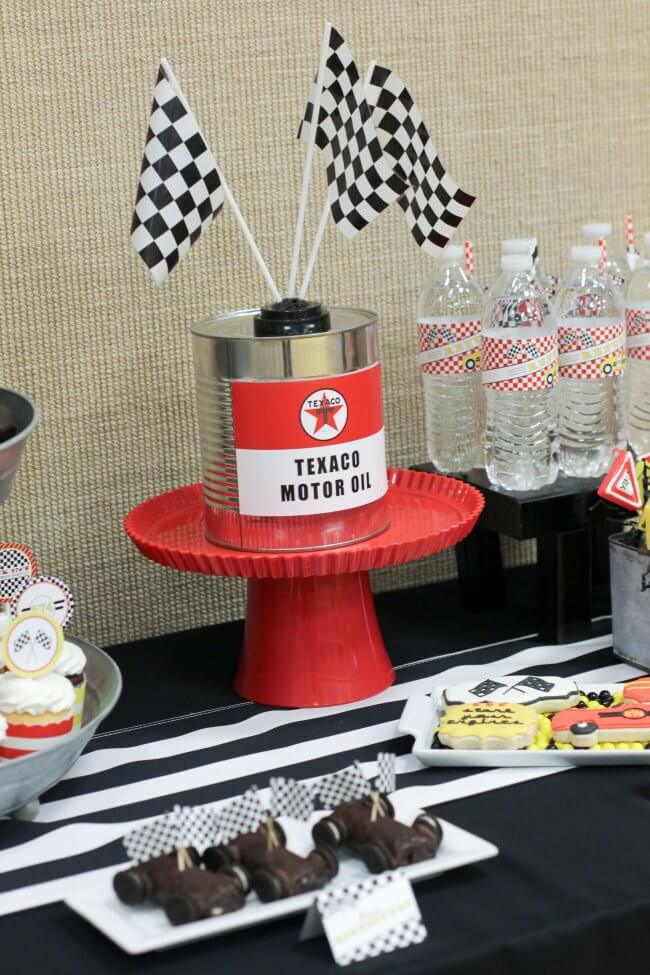 Boys Pinewood Derby racecar themed party table treats