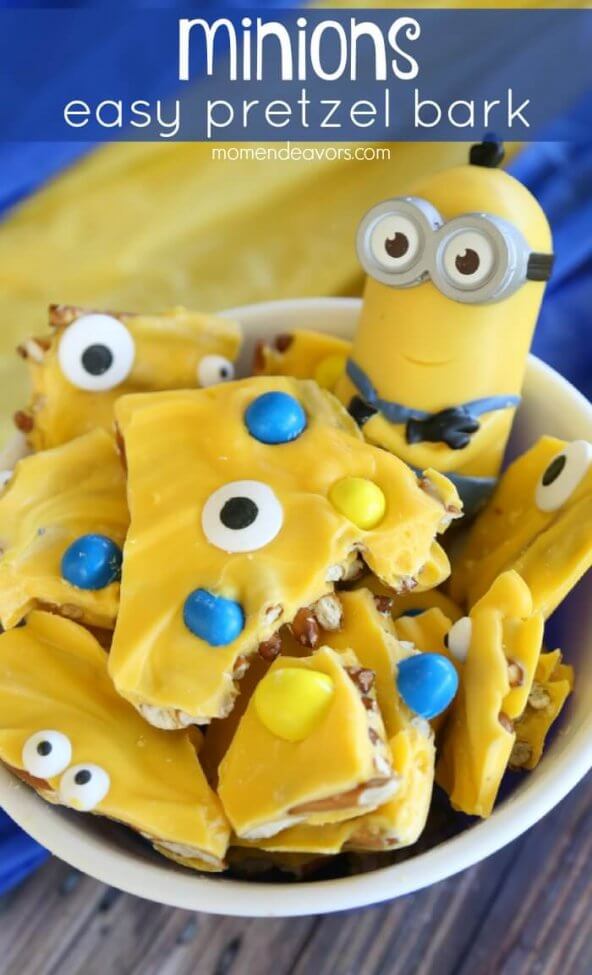 This Minion Pretzel Bark includes details of minions without requiring carefully detailed icing or decoration.
