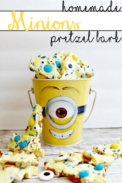 This fun homemade Minions Pretzel Bark is sure to please guests at your Despicable Me party.