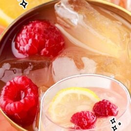 close up shot of Party Punch with lemon slices and raspberries