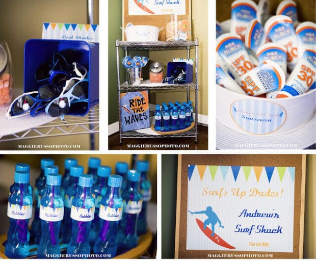 Boys Surfing Themed Birthday Party Drinks and Favors