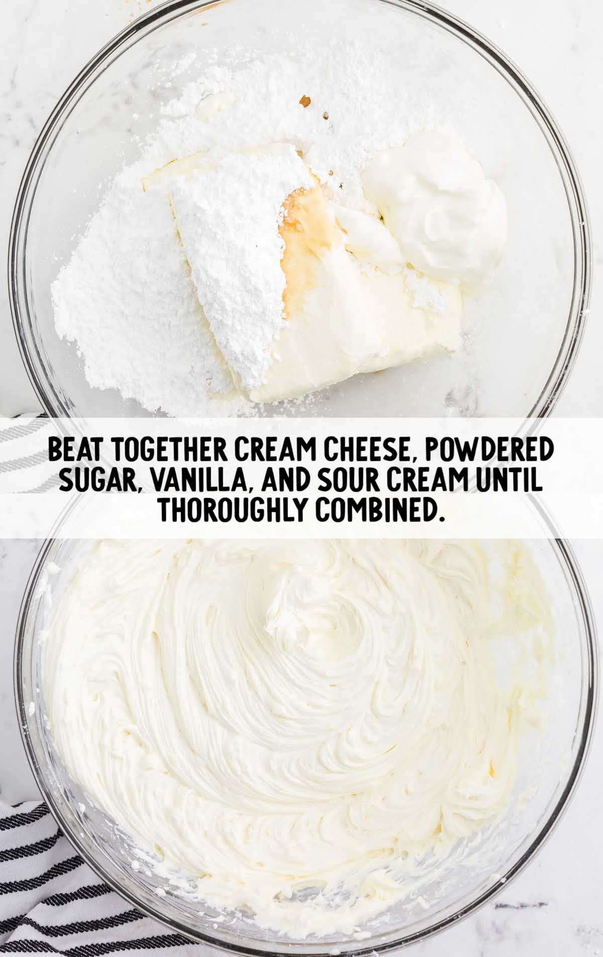 cream cheese, powdered sugar, vanilla extract, and sour cream beat together in a bowl