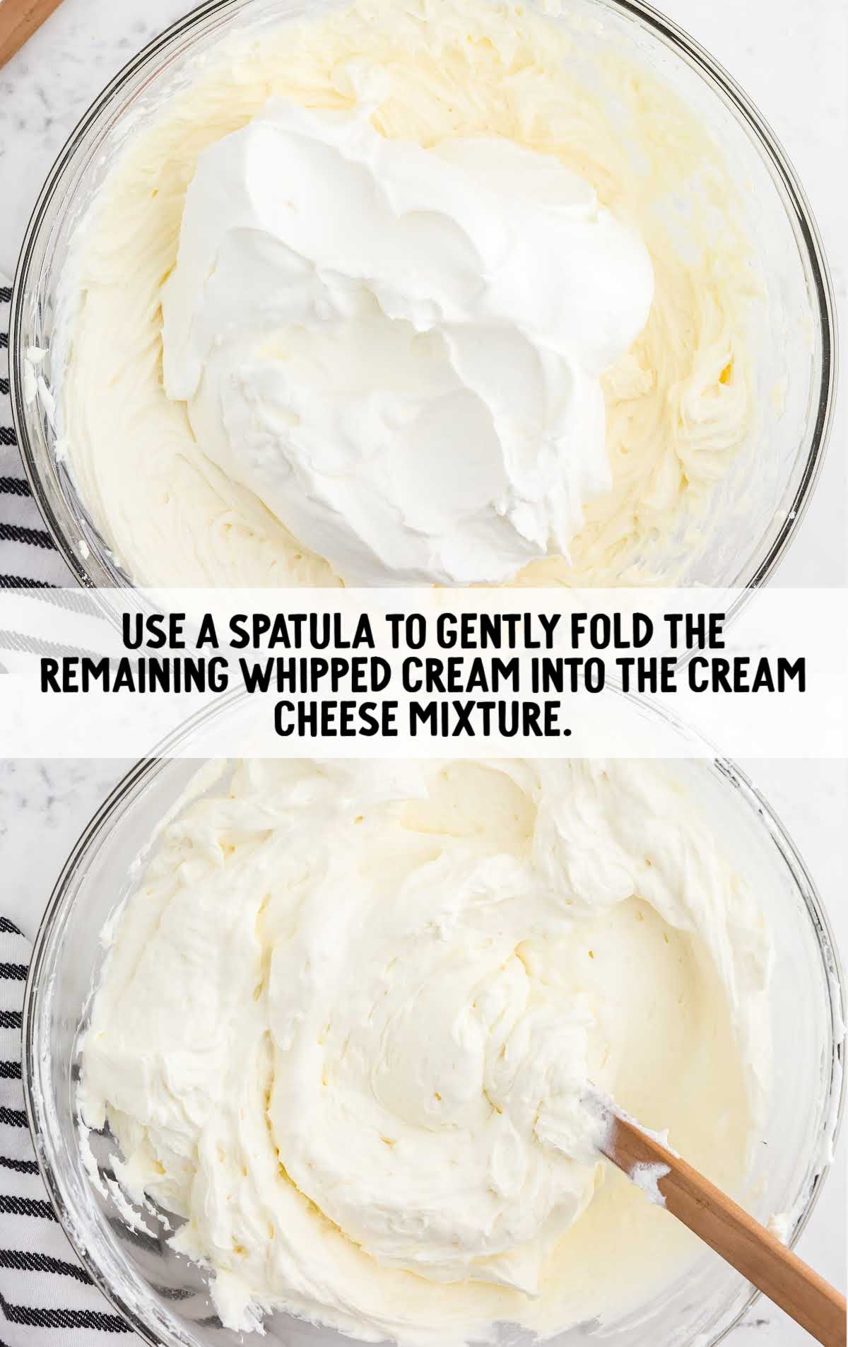 whipped cream folded into the cream cheese mixture in a bowl