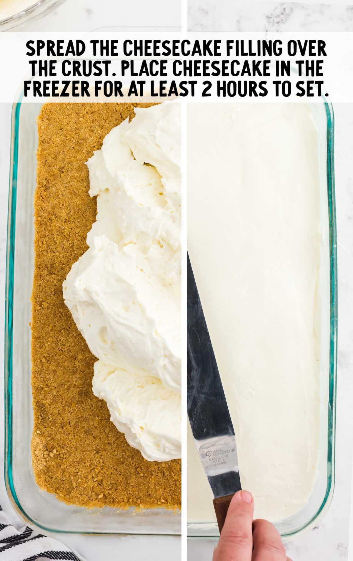 cheesecake mixture spread on top of the graham cracker crumb