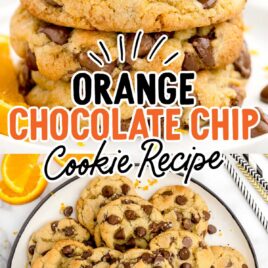 close up and overhead shot of orange chocolate chip cookies stacked on top of each other on a plate