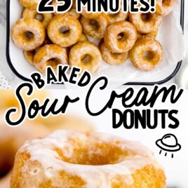 overhead shot of sour cream donuts in a baking dish and close up shot of Sour Cream Donuts topped with glaze and stacked on top of each other