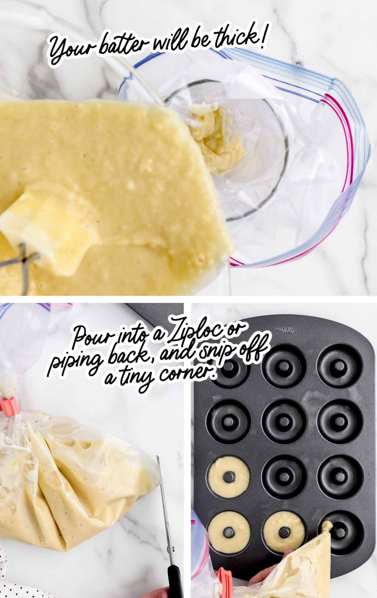 Step-by-step process of transferring thick donut batter into a Ziploc bag, snipping the corner, and piping it into a mini donut pan.
