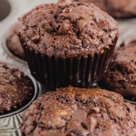 close up shot of a muffin pan full of Double Chocolate Muffins