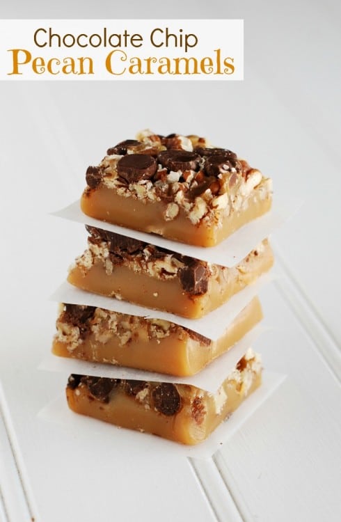 These Chocolate Chip Pecan Caramels are soft, crunchy, sweet, nutty and festive.