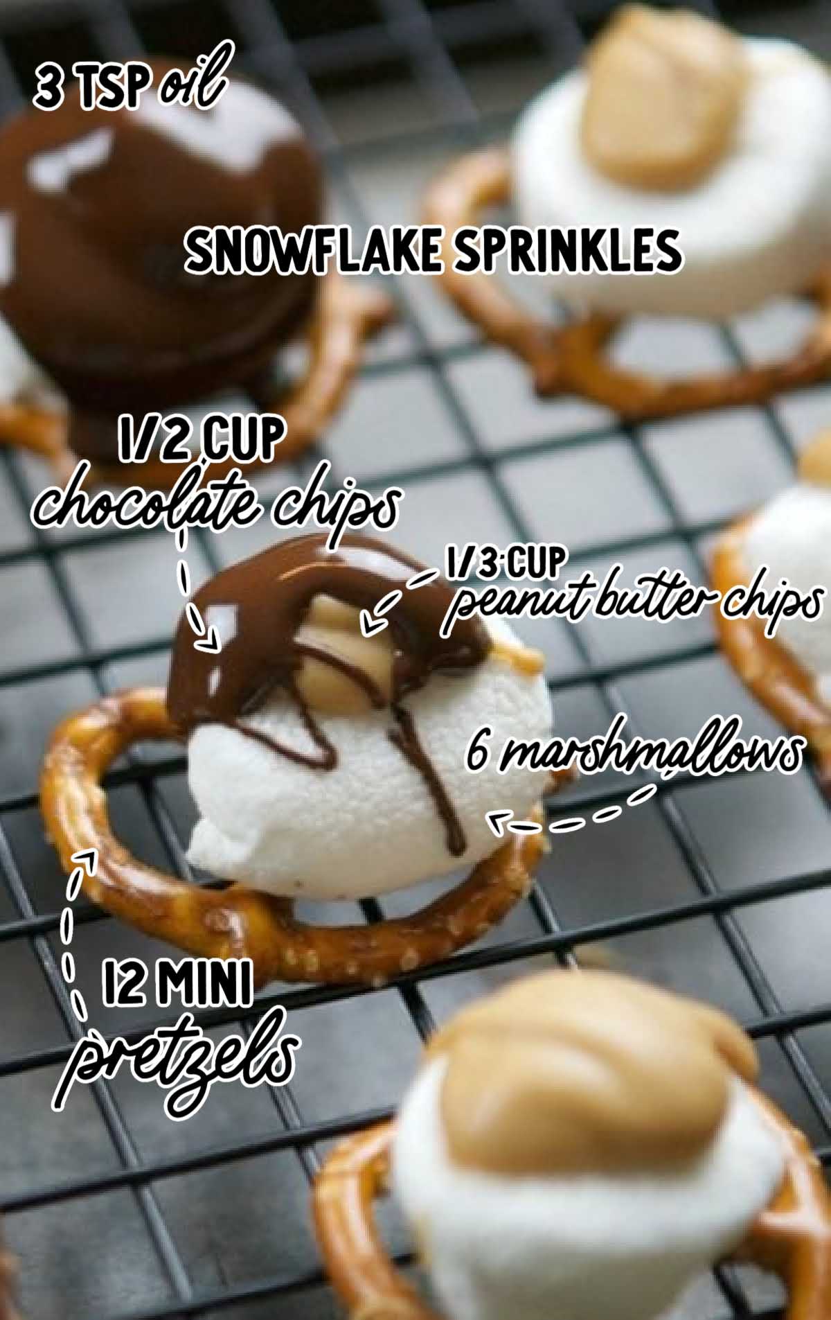 Overhead view showing labeled ingredients for chocolate peanut butter marshmallow pretzels including pretzels, marshmallows, peanut butter chips, and chocolate chips.