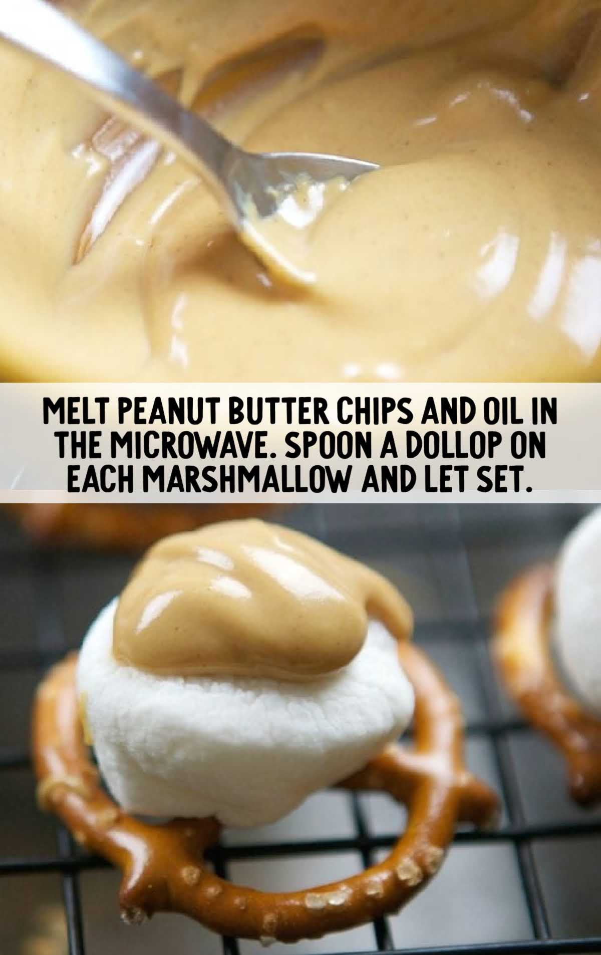 Spoon spreading melted peanut butter chips over a marshmallow and pretzel combination on a cooling rack.