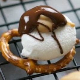close up shot of Chocolate, Peanut Butter and Marshmallow Pretzels on a cooling rack