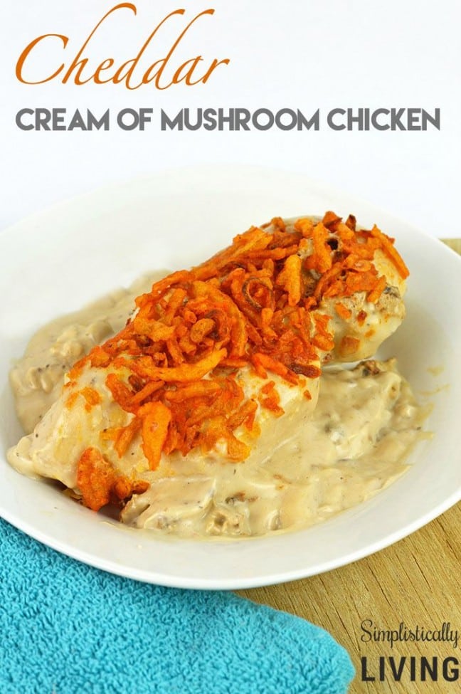 3-ingredient cheddar cream of mushroom chicken is a simple but delicious dinner.