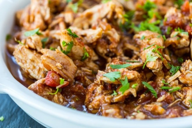 Delicious 3-ingredient balsamic chicken, made in a crockpot.