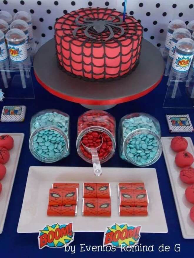 This Spiderman birthday dessert table is delightful and theme-appropriate