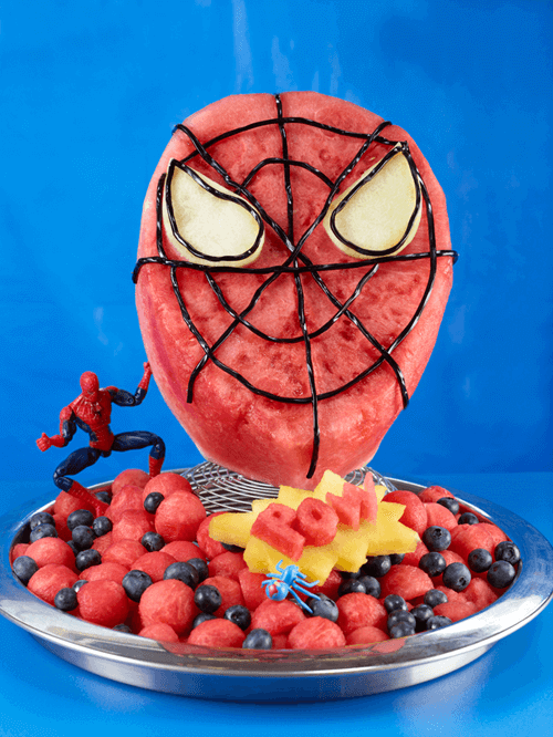 This healthy watermelon Spiderman treat is perfect for a summer birthday party.