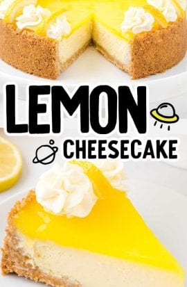 close up shot of lemon cheesecake and a slice of lemon cheesecake