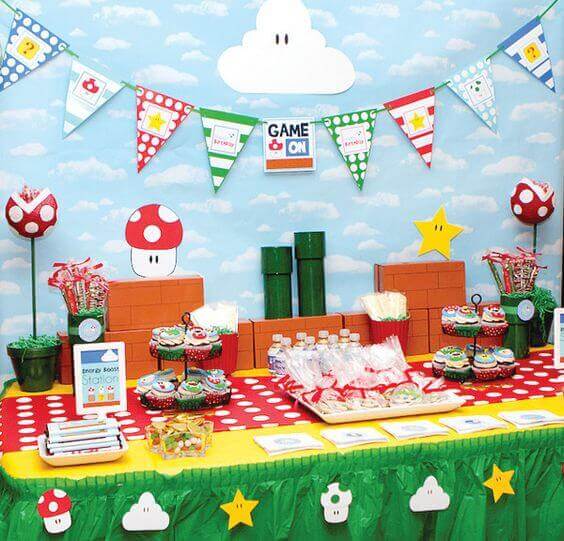 This delightful Super Mario dessert table incorporates many classic characters and patterns.