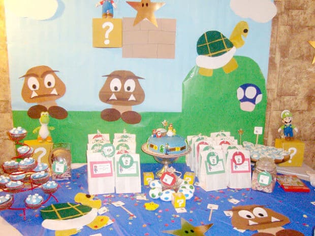 This backdrop is delightful and perfect for a Super Mario dessert table.