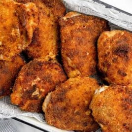 close up overhead shot of (Not Fried) Fried Chicken Recipe in a tin pan
