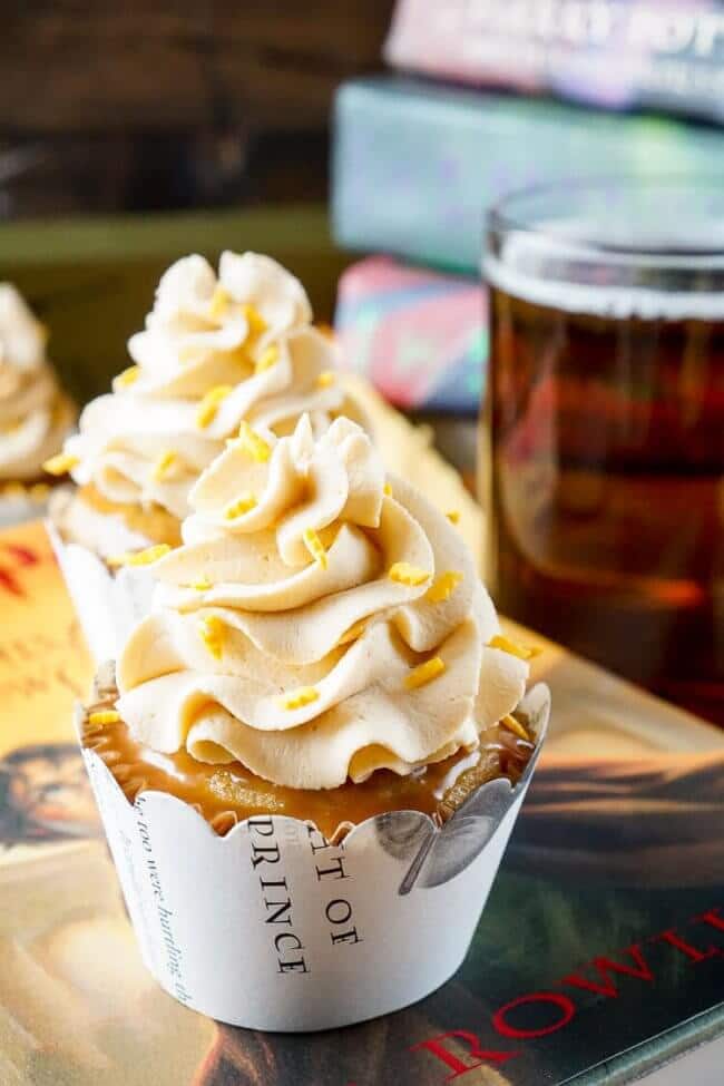 These butterbeer cupcakes (with book-printed wrappers) are perfect for a magical party.