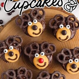 a overhead shot of Reindeer Cupcakes on a log