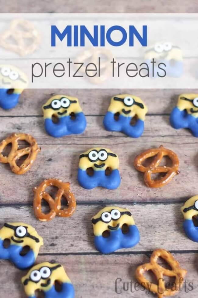 These Minion Pretzel Treats are perfect treats for the party you're planning.