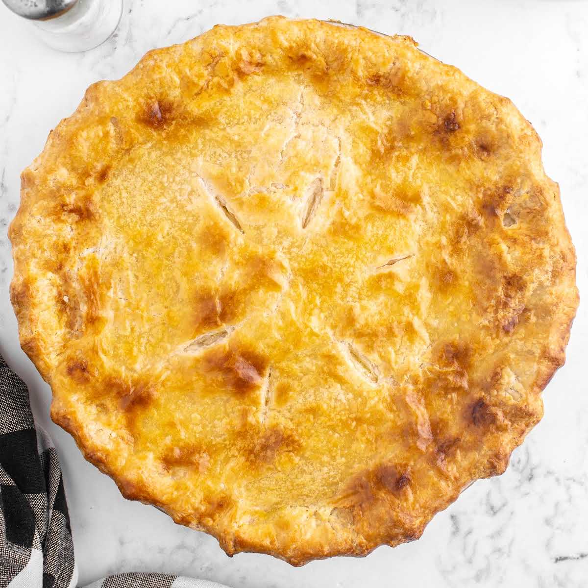 close up overhead shot of a whole Chicken Pot Pie