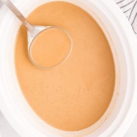 overhead shot of a ladle inside of slow cooker with pumpkin spice latte inside