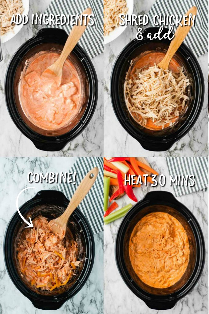 four photos showing how to make buffalo chicken dip in crockpot