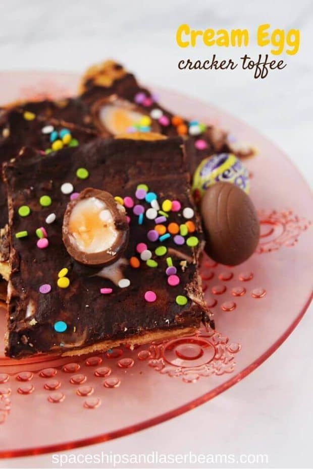 A close up of a decorated chocolate cake on a plate, with Fudge and Toffee