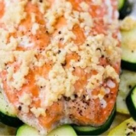 close up shot of a cooked salmon placed on top of sliced zucchini