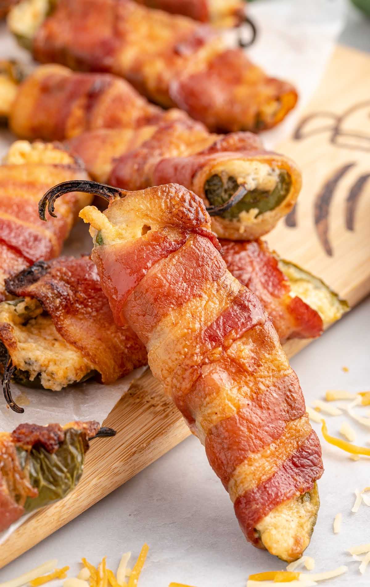 A close up shot of Bacon-Wrapped Jalapeño Poppers