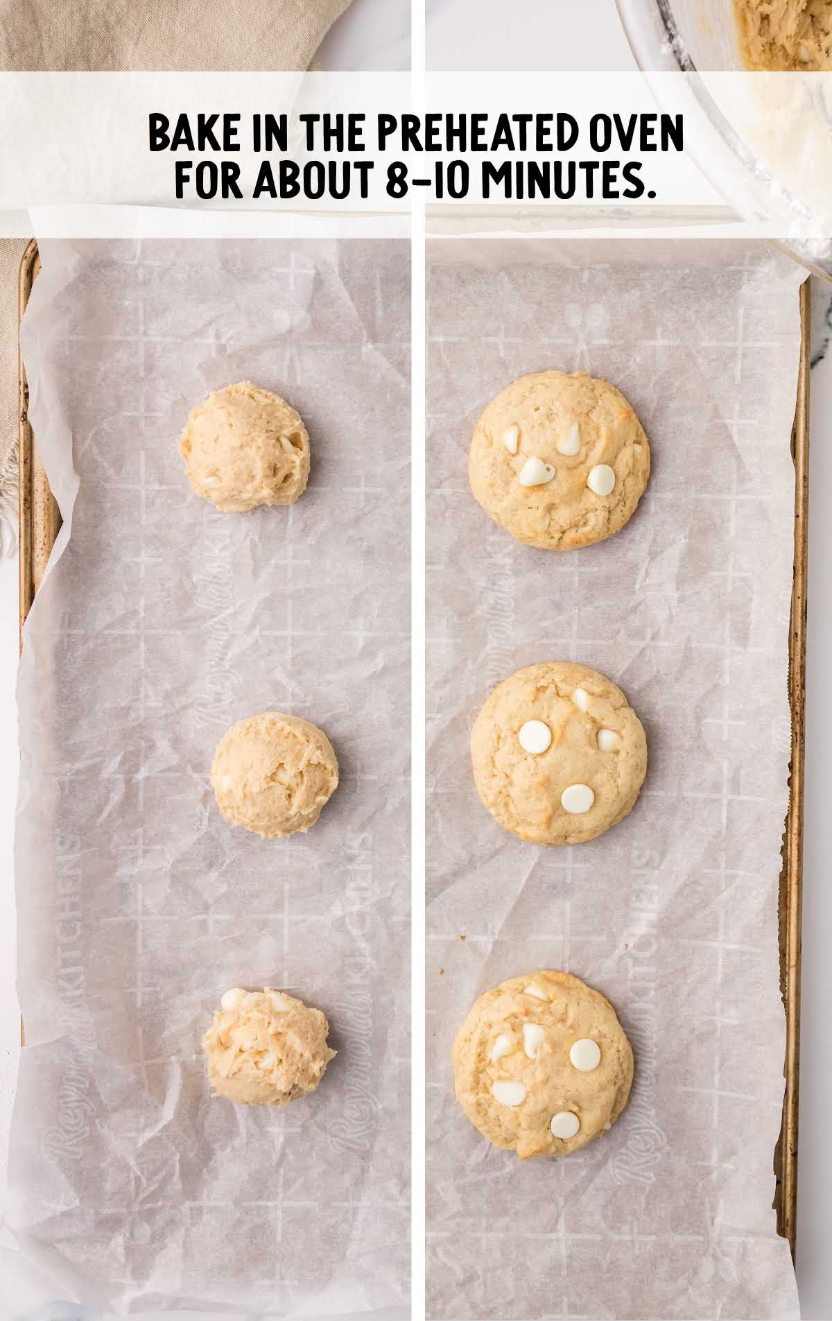 White Chocolate Chip Cookies dough placed on a baking sheet then baked