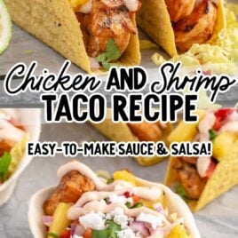 Chicken and Shrimp Tacos topped with sauce and ingredients on a plate