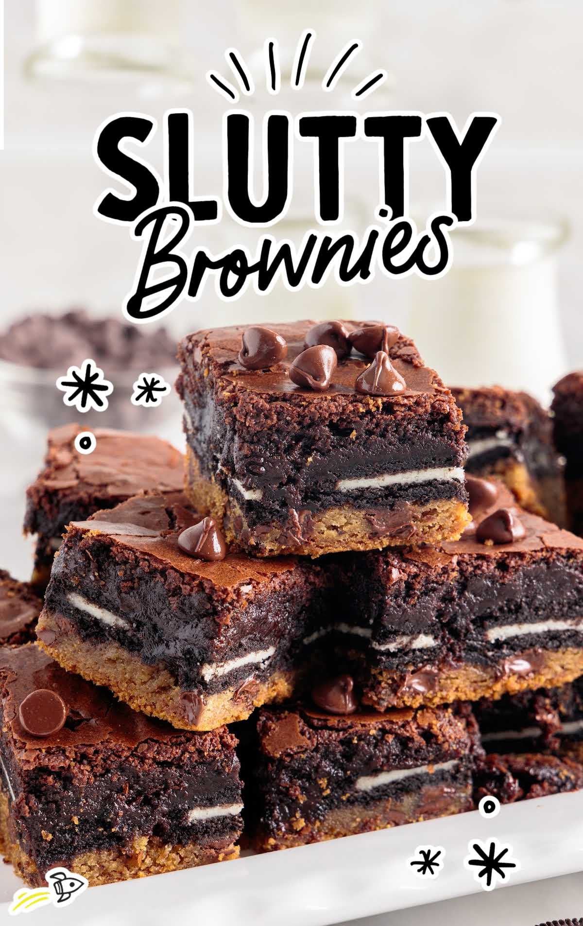 a close up shot of Slutty Brownies stacked on top of each other