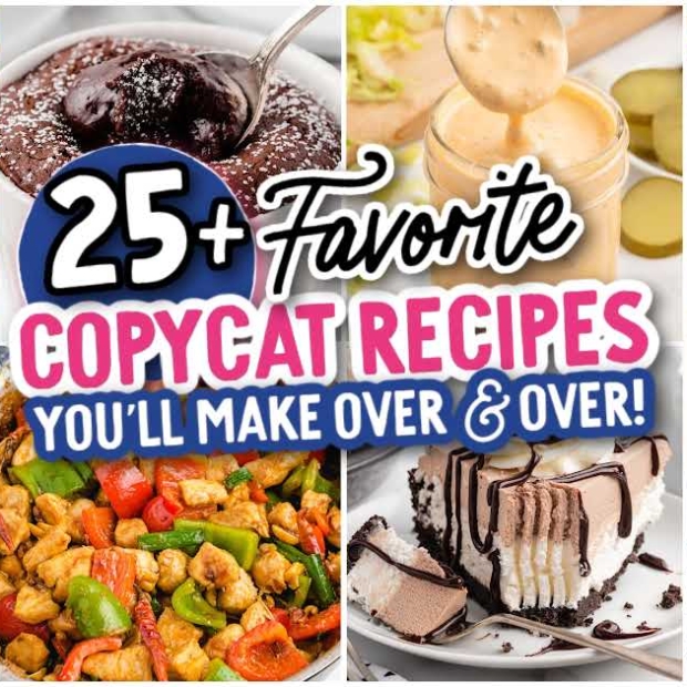 Feature image showing a variety of copycat recipes including chocolate brownies, banana pudding trifle, molten chocolate cake, and restaurant-style chicken dishes