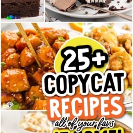 Pinterest graphic reading “25+ famous copycat recipes that taste just like the originals” with brownies, cheesecake, banana pudding, and chicken entrees